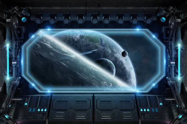 Statek Kosmiczny Ciemne Wnętrze Dużym Oknem Widok Przestrzeni Renderowania — Zdjęcie stockowe