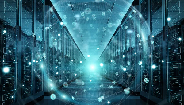 Dijital beyaz dünya ağ sunucusu Oda veri merkezi 3d render üzerinde uçan