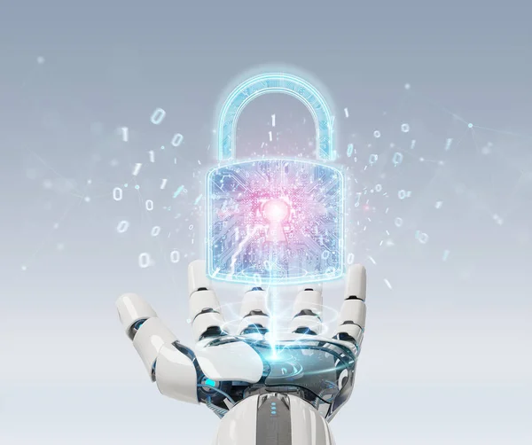 Web security protection interface used by robot on blurred background 3D rendering