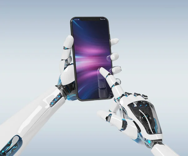 Robot Bianco Mano Tenendo Moderno Smartphone Mockup Sfondo Grigio Rendering — Foto Stock