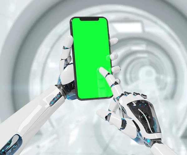 White Robot Hand Holding Modern Smartphone Mockup Tech Background Rendering — Stock Photo, Image
