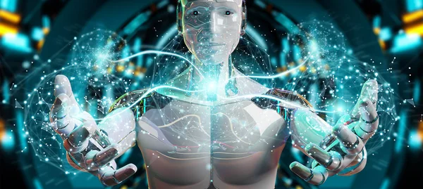 White Male Humanoid Blurred Background Using Digital Global Network Rendering — Stock Photo, Image