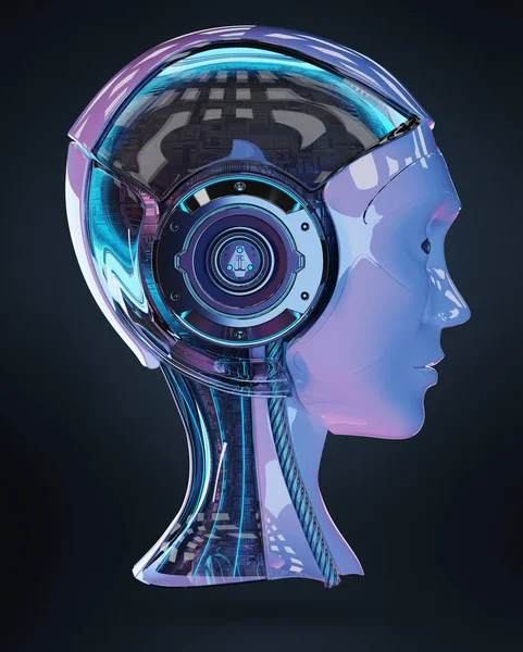 Tête Cyborg Intelligence Artificielle Isolée Sur Fond Drak Rendu — Photo