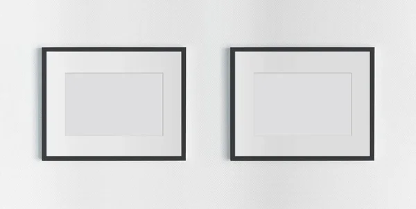 Dois Quadros Pretos Pendurados Mockup Parede Texturizado Branco — Fotografia de Stock