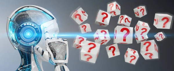 模糊背景下的白机器人使用数字问号3D — 图库照片