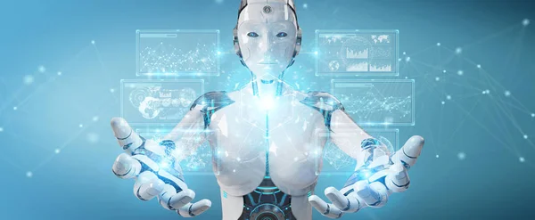 Mulher Branca Cyborg Fundo Borrado Usando Interface Dados Digitais Renderização — Fotografia de Stock