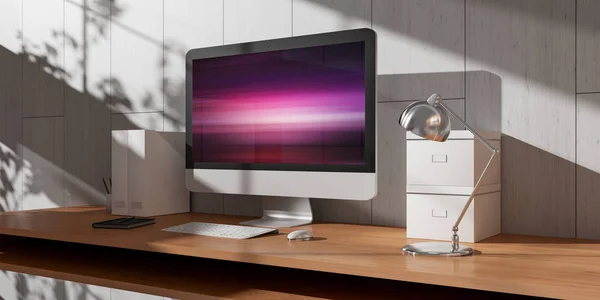 Komputer Dan Perangkat Pada Meja Kayu Modern Interior Cerah Rendering — Stok Foto