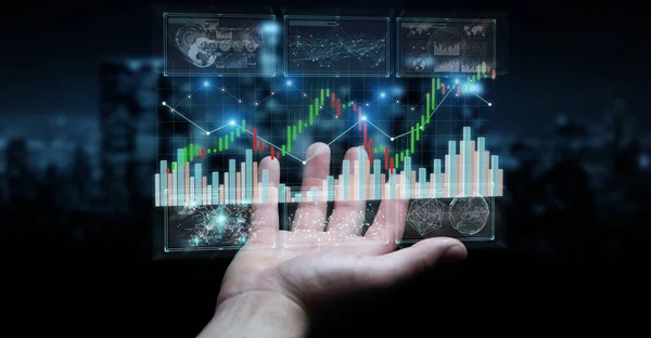 Geschäftsmann Auf Verschwommenem Hintergrund Mit Rendering Von Börsendaten Und Charts — Stockfoto