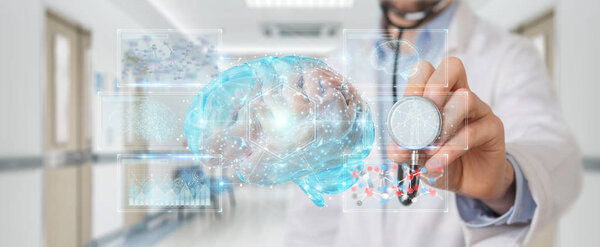 Doctor on blurred background using digital brain scan hologram 3D rendering