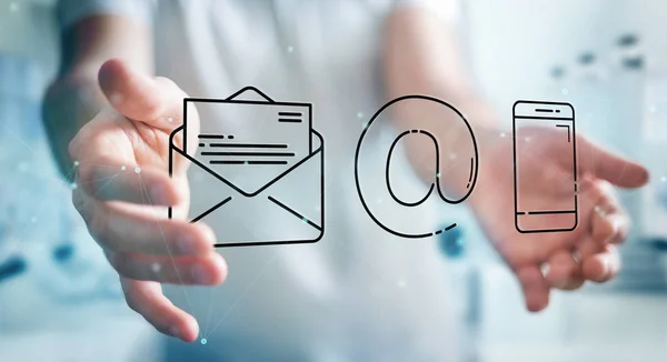 İnce çizgi iletişim simgesini kullanarak arka plan bulanık üzerinde işadamı