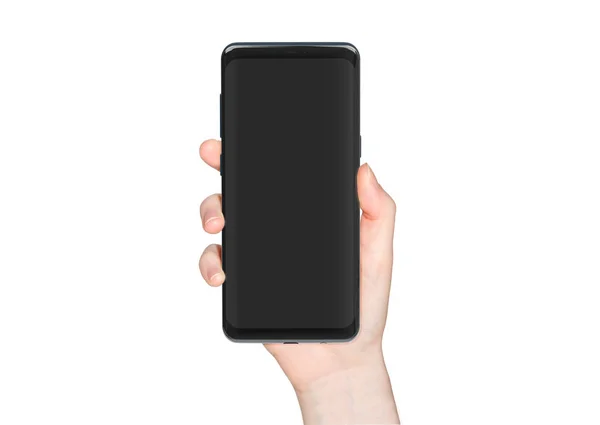 Kvinnan Handen Håller Modern Smatphone Mockup Vit Bakgrund — Stockfoto