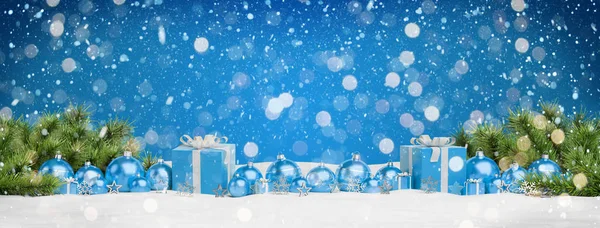 Blauwe Kerstcadeaus Kerstballen Opgesteld Blauwe Achtergrond Rendering — Stockfoto