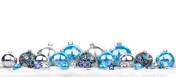 Beyaz Arka Plan Üzerinde Render Izole Mavi Gümüş Noel Baubles — Stok fotoğraf