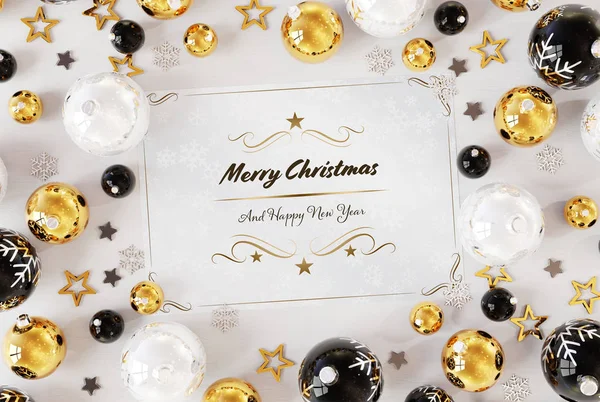 Kerstkaart Groeten Wit Hout Met Gouden Kerstballen Rendering — Stockfoto