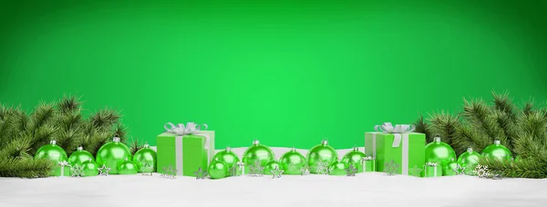Groene Kerstcadeaus Kerstballen Opgesteld Groene Achtergrond Rendering — Stockfoto