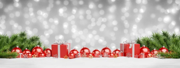 Rode Kerstballen Geschenken Opgesteld Grijs Besneeuwde Achtergrond Rendering — Stockfoto