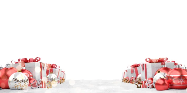 Red christmas gifts and baubles lined up on white background 3D rendering
