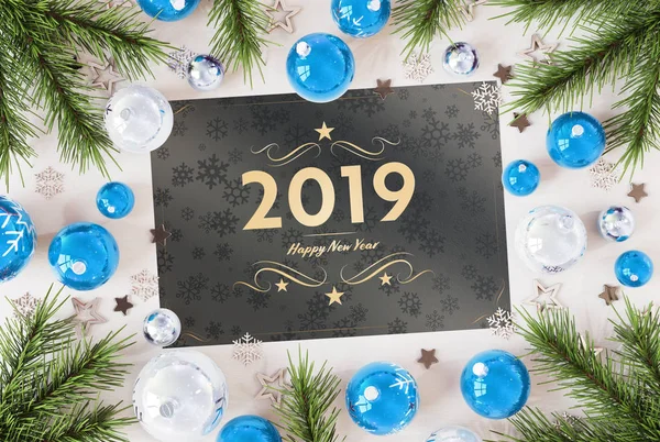 2019 Gratulasjonskort Hvitt Tre Med Blue Baubles Gjengivelse – stockfoto