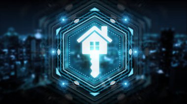 3d Render mavi arka plan üzerinde izole Emlak dijital arabirimi