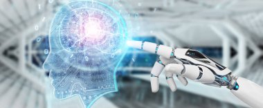 Cyborg bulanık arka planda yapay zeka 3d render oluşturma