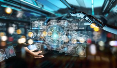 Cyborg tel kafes sanal 3d dijital projeksiyon bir Engine kullanarak arka plan bulanık üzerinde