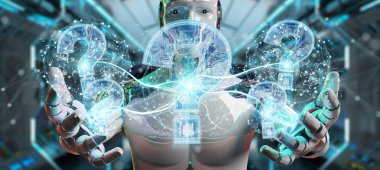 Cyborg bulanık arka plan dijital soru işaretleri 3d render ile sorun çözme