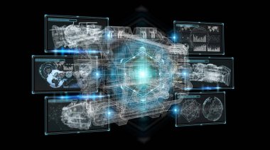 Max, bir motorun siyah arka plan üzerine tel kafes sanal 3d dijital projeksiyon