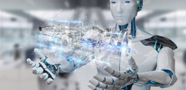 Cyborg tel kafes sanal 3d dijital projeksiyon bir Engine kullanarak arka plan bulanık üzerinde