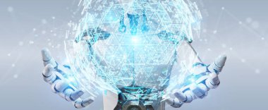 Dijital üçgen küre hologram 3d render patlayan kullanarak arka plan bulanık beyaz robot