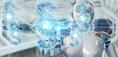 Cyborg Yargıç 3d işleme dijital paragraf hukuk simgesini kullanarak arka plan bulanık üzerinde