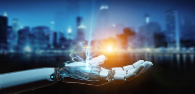 Beyaz cyborg elini şehir arka plan 3d render izole açma