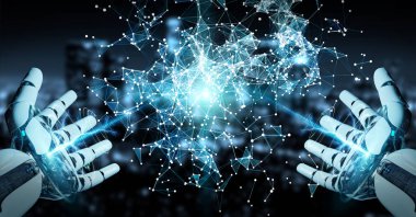 Beyaz insansı el bulanık arka plan dijital dünya hud arabirimi 3d işleme kullanarak