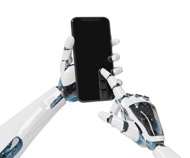 Beyaz robot el modern smartphone mockup 3d render beyaz arka plan üzerinde tutarak