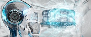 Beyaz kadın insanımsı dijital küresel ağ 3B oluşturmayı kullanarak arka plan bulanık üzerinde