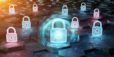 Siyah mavi ve pembe soyut asma kilit simgesine altıgenler arka plan 3d render