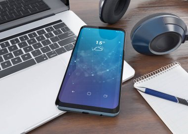 Modern smartphone ahşap masaüstü mockup 3d render döşeme