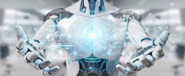 Dijital veriler arabirimi 3d rendering kullanarak bulanık arka plan üzerinde beyaz erkek cyborg