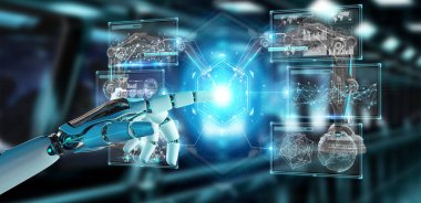 Robotik Kol ile dijital ekran 3d rendering kullanarak arka plan bulanık beyaz robot el