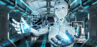 Sosyal ağ simgeleri arabirimi denetleme bulanık arka plan üzerinde beyaz robot