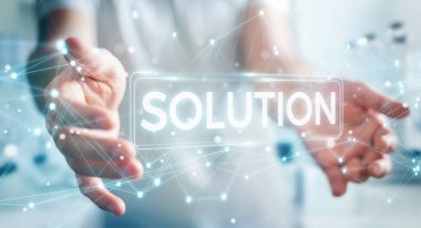 İşadamı çözüm dijital metin 3d rendering kullanarak arka plan bulanık üzerinde