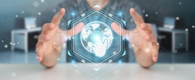 İşadamı hologramlar veriler 3d render ile dijital ekranlar arabirimini kullanarak arka plan bulanık üzerinde