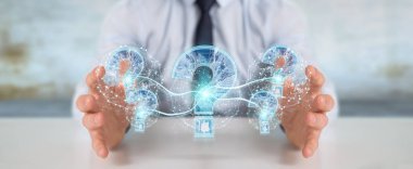 İşadamı bulanık arka plan dijital soru işaretleri 3d render ile sorun çözme