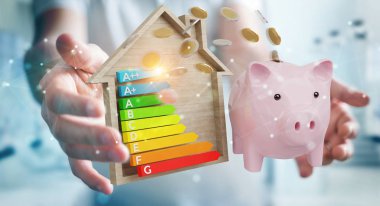 İşadamı iyi enerji grafik rating 3d render ile para tasarrufu bulanık arka plan üzerinde