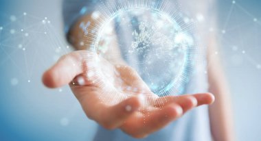 İşadamı üzerinde küre ağ hologram Avrupa ile harita 3B oluşturmayı kullanarak arka plan bulanık