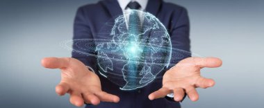 İşadamı üzerinde küre ağ hologram Amerika ABD harita 3d render ile kullanarak arka plan bulanık