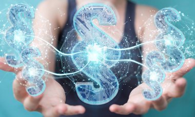 İşkadını 3d işleme dijital paragraf hukuk simgesini kullanarak arka plan bulanık üzerinde