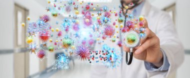 Doctor on blurred background using digital nanobot virus 3D rendering clipart