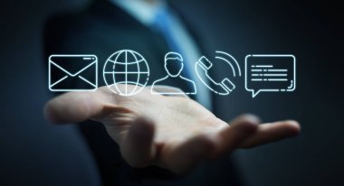 İnce çizgi iletişim simgesini kullanarak arka plan bulanık üzerinde işadamı