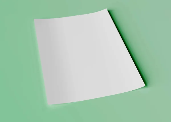 Hoja Papel Blanco Maqueta Sobre Fondo Verde Renderizado — Foto de Stock