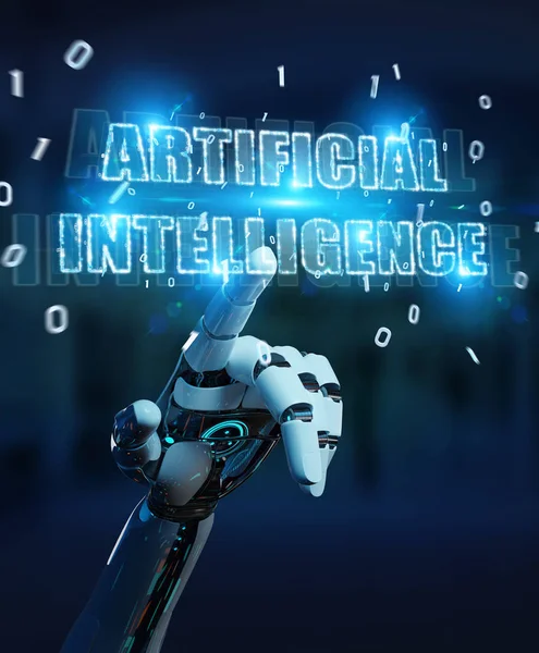 White Cyborg Hand Blurred Background Using Digital Artificial Intelligence Text — Stock Photo, Image